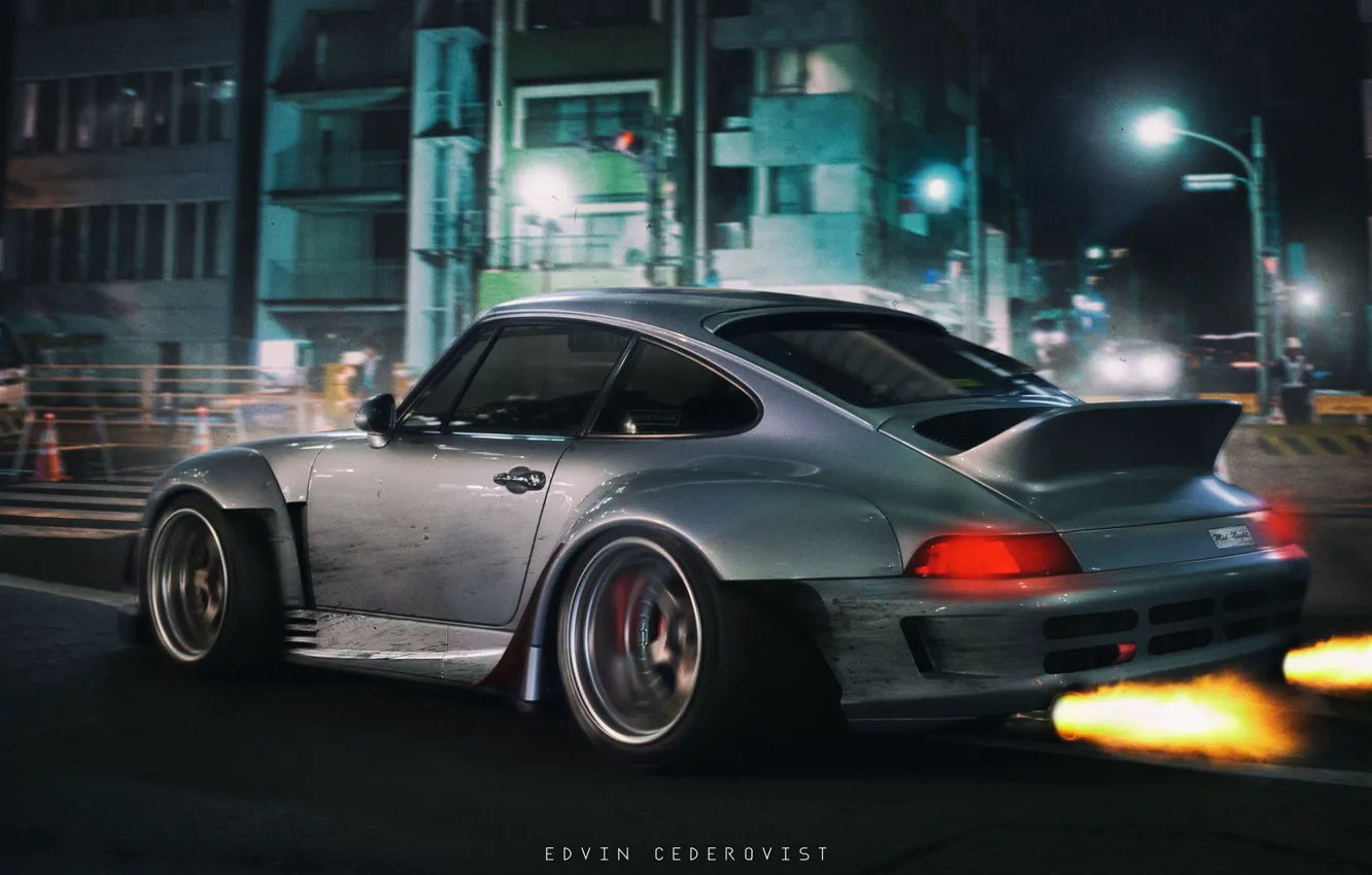 Photo wallpaper car, machine, auto, night, lights, grey, movement, flame