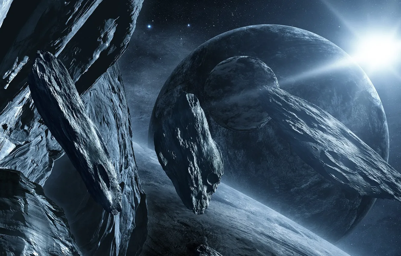 Photo wallpaper the sun, space, stars, light, stones, planet, meteorites, blocks