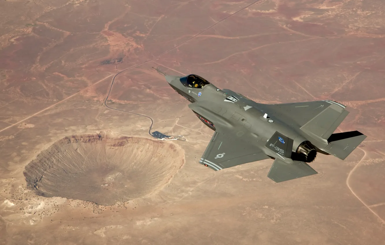 Photo wallpaper desert, crater, Lockheed Martin, F-35A, istrebitelej, USA, test flight