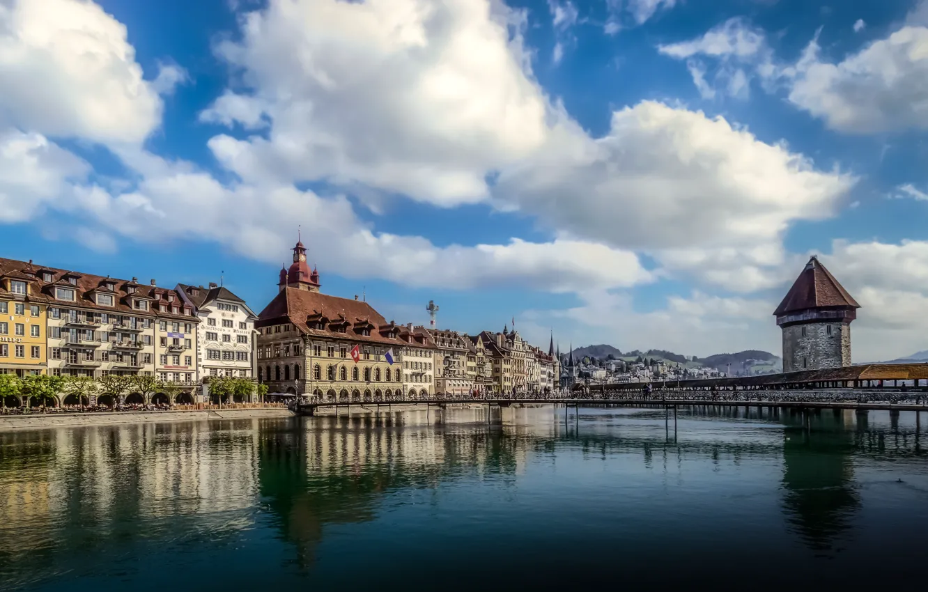 Photo wallpaper clouds, bridge, river, building, home, Switzerland, Switzerland, Lucerne