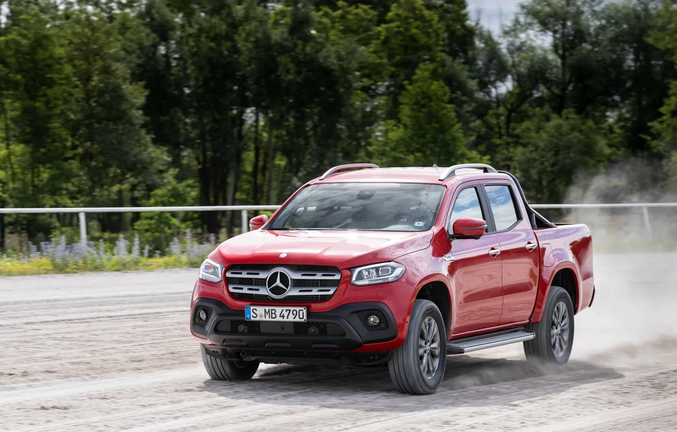 Photo wallpaper red, movement, Mercedes-Benz, dust, pickup, 2018, X-Class