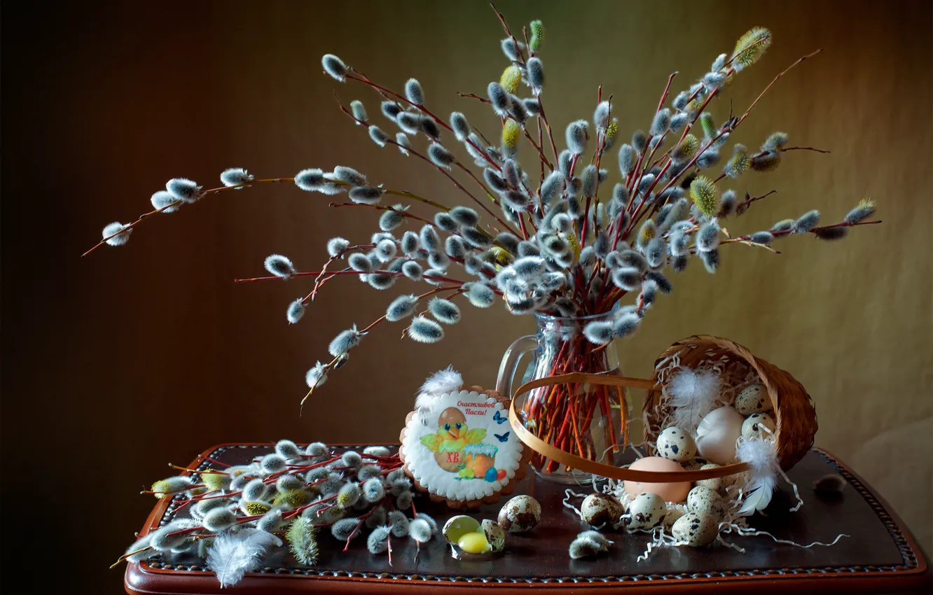 Photo wallpaper branches, holiday, eggs, feathers, Easter, pitcher, still life, basket