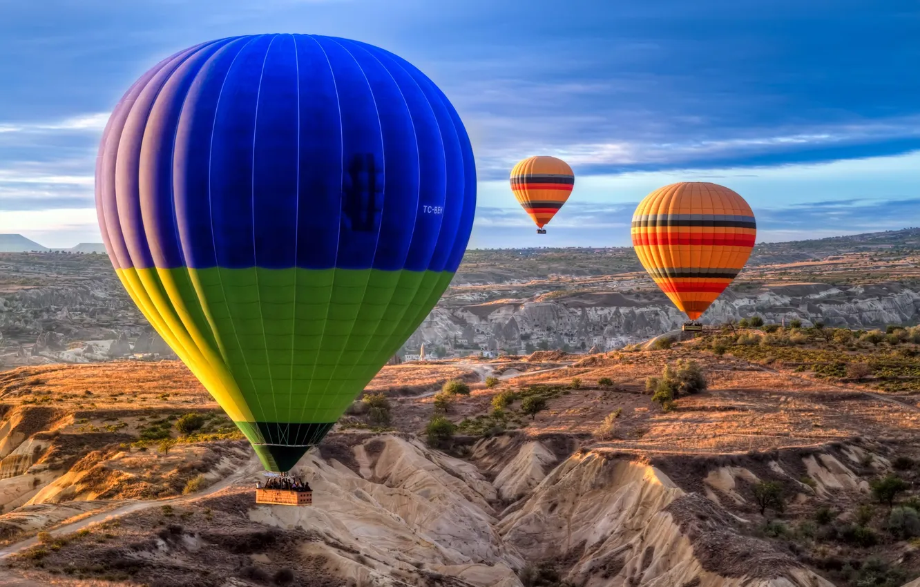 Photo wallpaper the sky, clouds, flight, landscape, mountains, nature, balloon, horizon