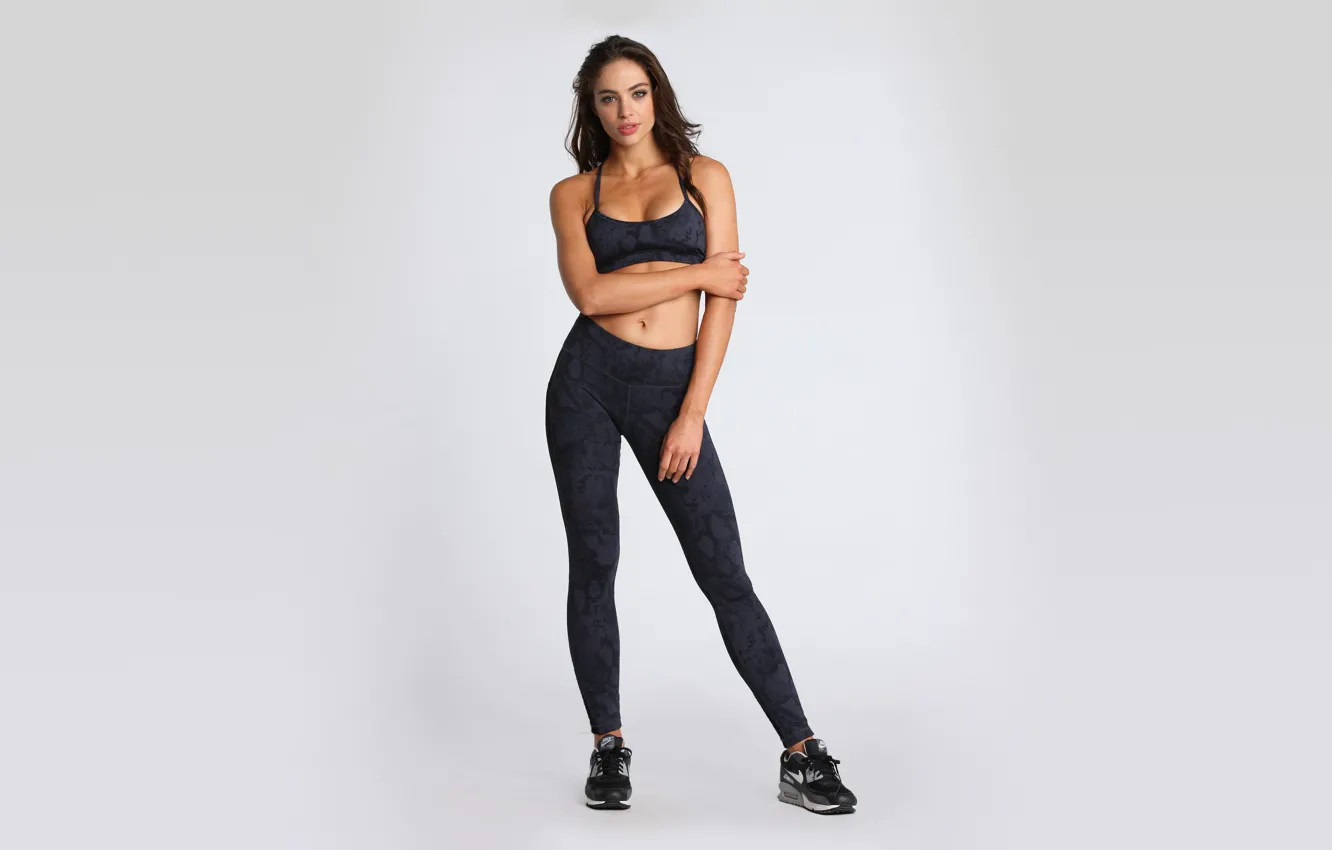 Photo wallpaper pose, grey, feet, hands, brunette, fitness, legs, uniform