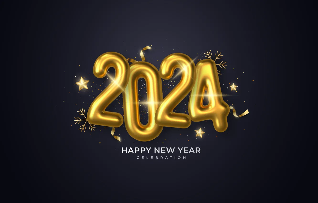 Photo wallpaper snowflakes, the dark background, the inscription, new year, figures, gold, stars, date