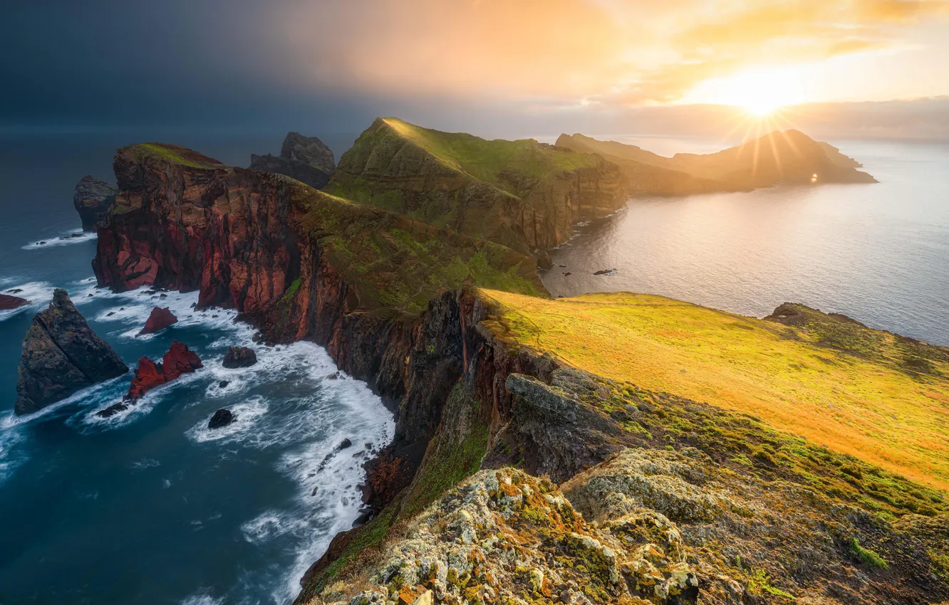 Photo wallpaper sky, sea, landscape, nature, shore, Portugal, sunlight, glowing