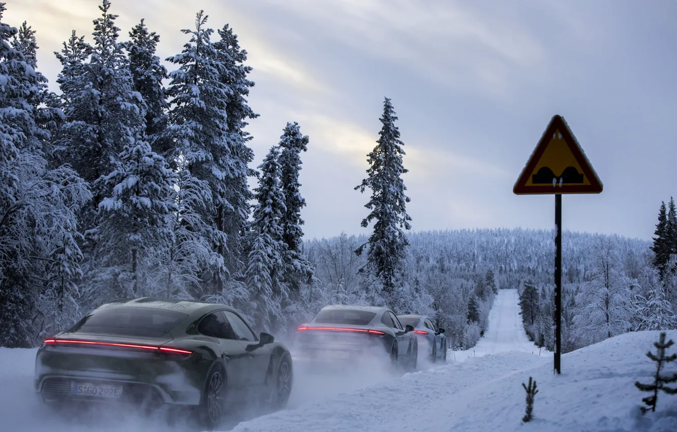 Photo wallpaper road, forest, snow, sign, Porsche, 2020, Taycan, Taycan 4S