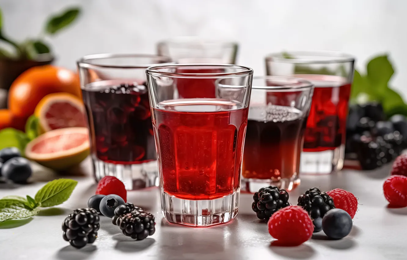Photo wallpaper glass, berries, raspberry, table, blueberries, juice, drink, different