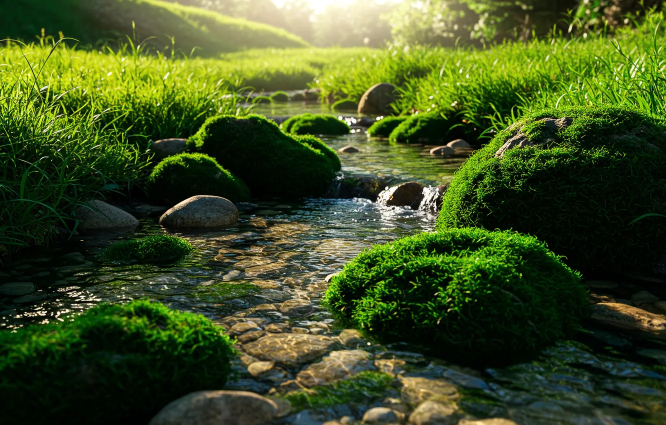 Photo wallpaper greens, grass, water, the sun, stream, stones, Wallpaper, moss