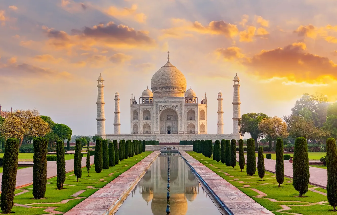 Photo wallpaper clouds, India, Taj Mahal, the reflection in the water, Agra, Agra, India, Uttar Pradesh