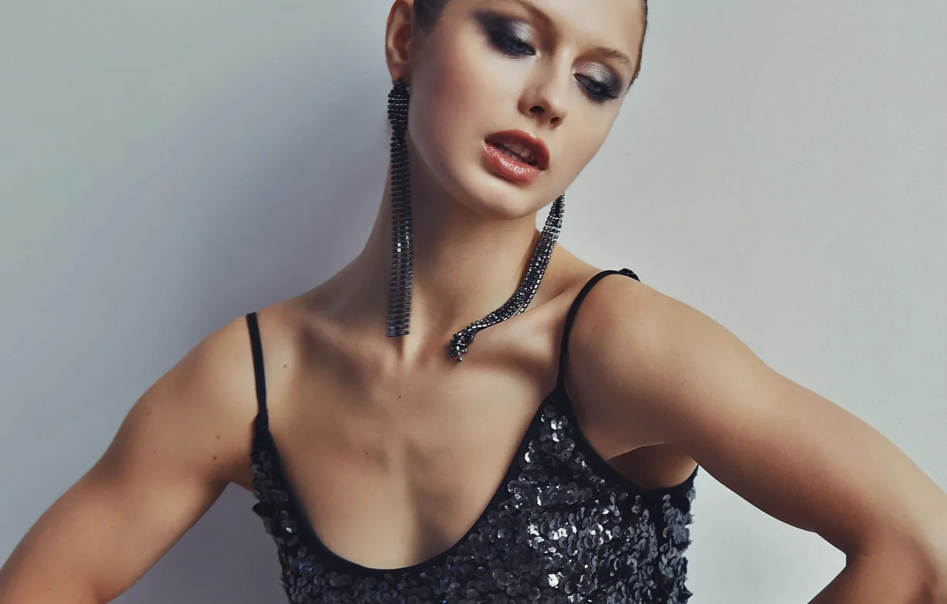 Photo wallpaper dress, woman, model, brunette, earring, mouth, makeup, strap