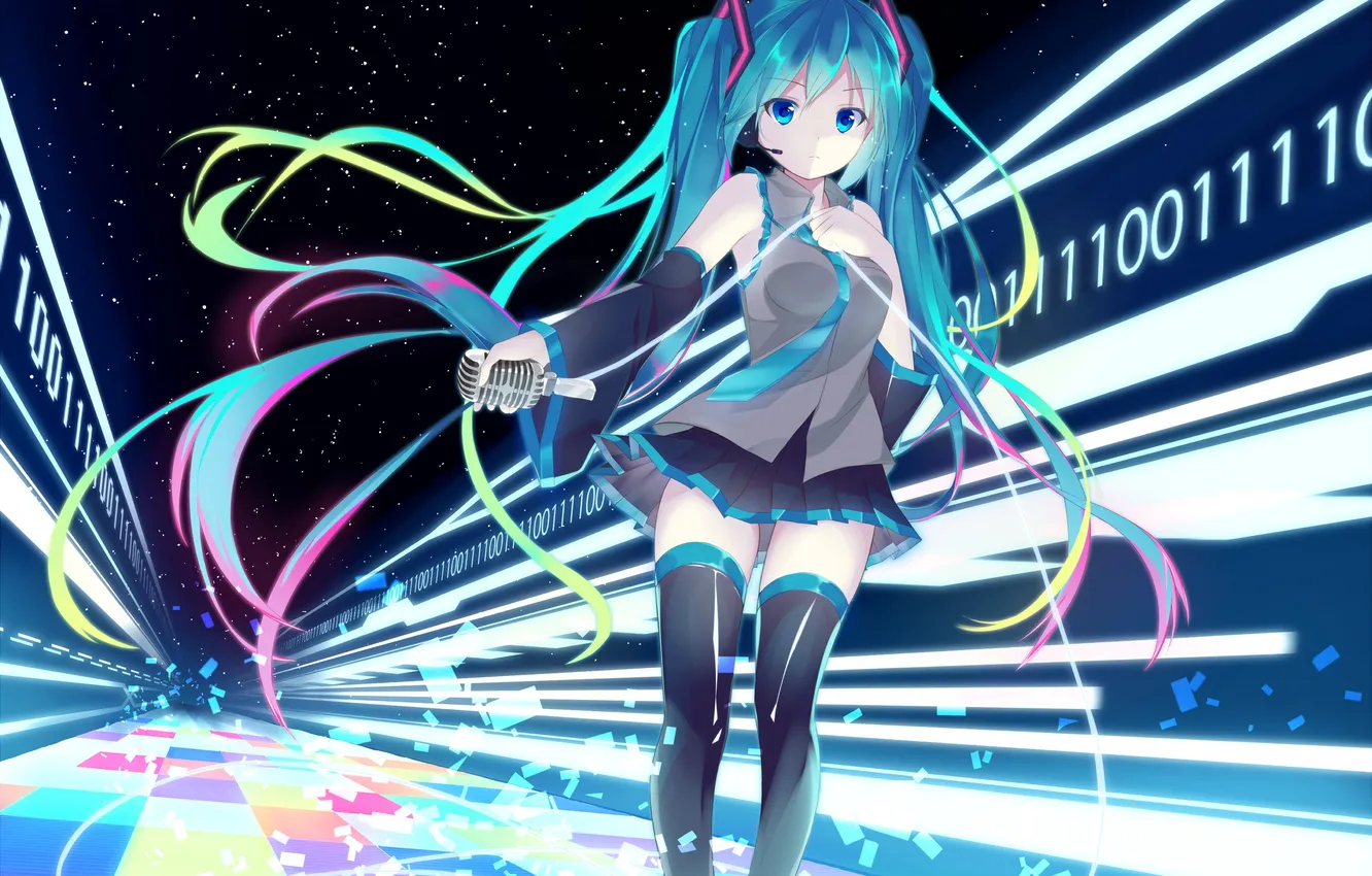 Photo wallpaper look, girl, space, surprise, figures, microphone, vocaloid, hatsune miku