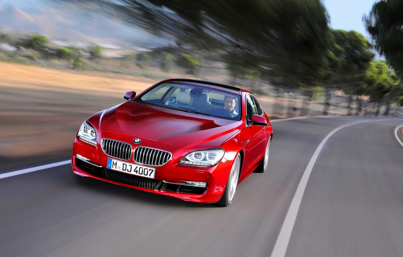 Photo wallpaper Red, BMW, BMW, The hood, Driver, The front, In Motion