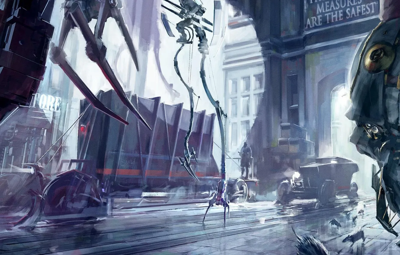Photo wallpaper the city, mechanism, robot, cars, art, rats, dishonored