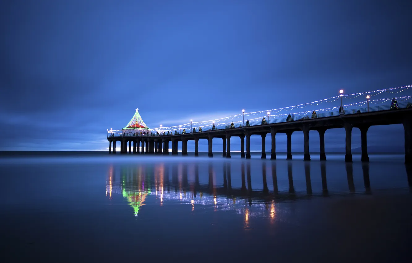 Photo wallpaper sea, beach, lights, pierce, twilight, illumination