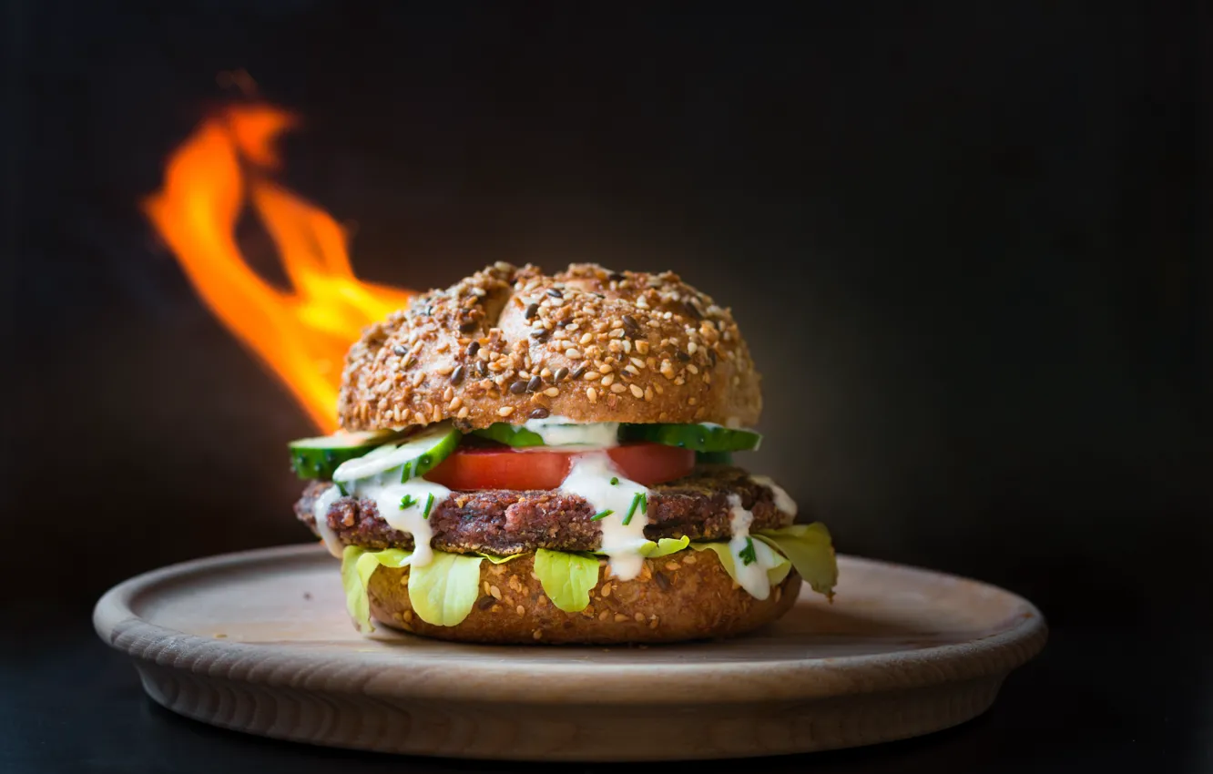 Photo wallpaper background, fire, plate, Burger