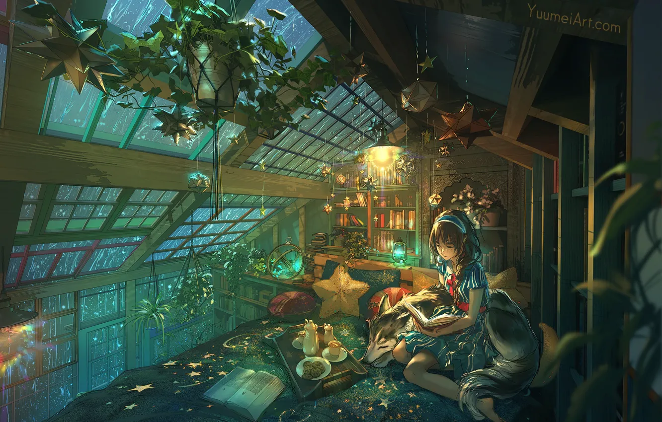 Photo wallpaper girl, rain, food, dog, book, attic, by Yuu