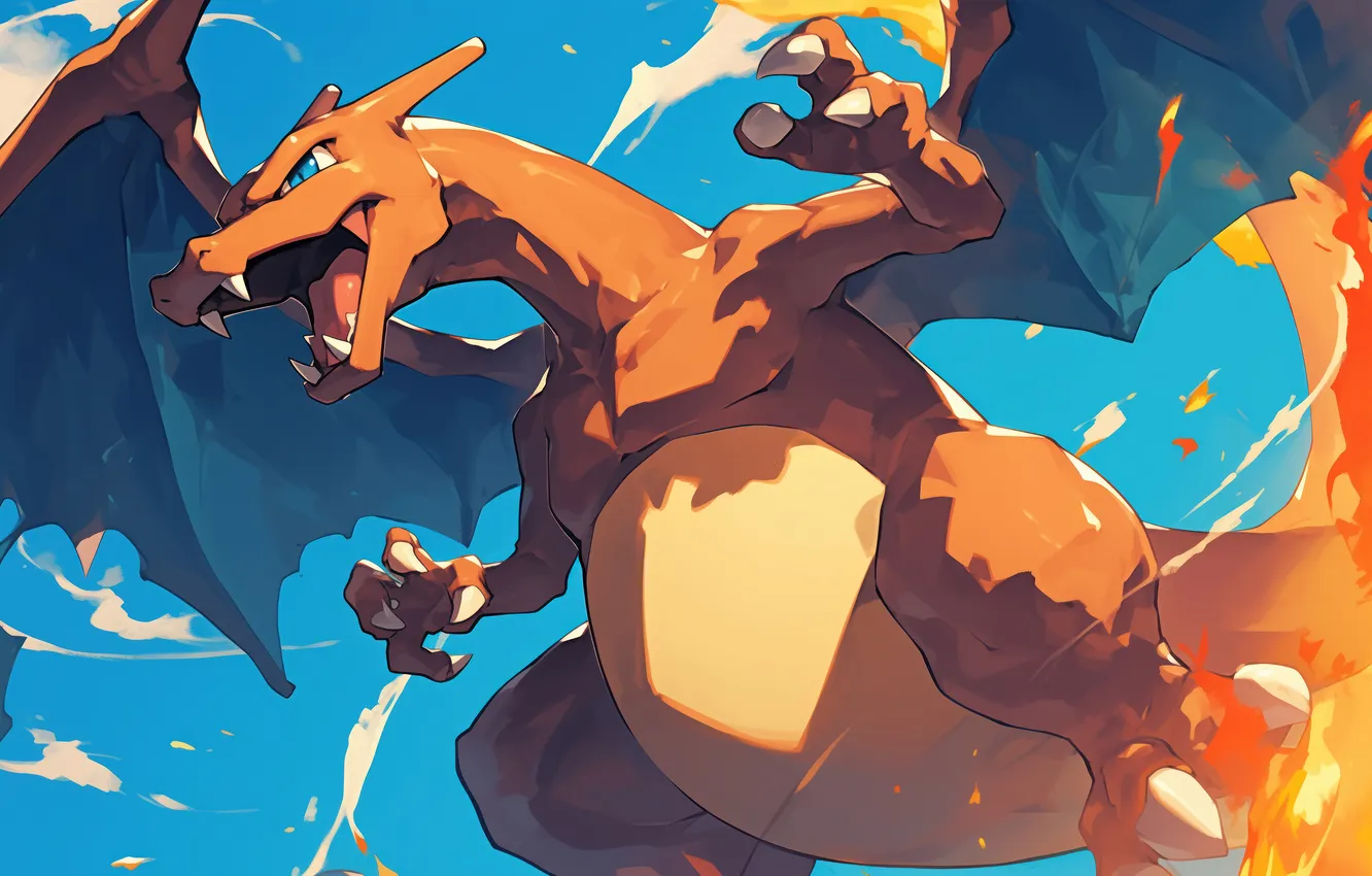 Photo wallpaper the sky, lights, flame, wings, art, mouth, claws, pokemon