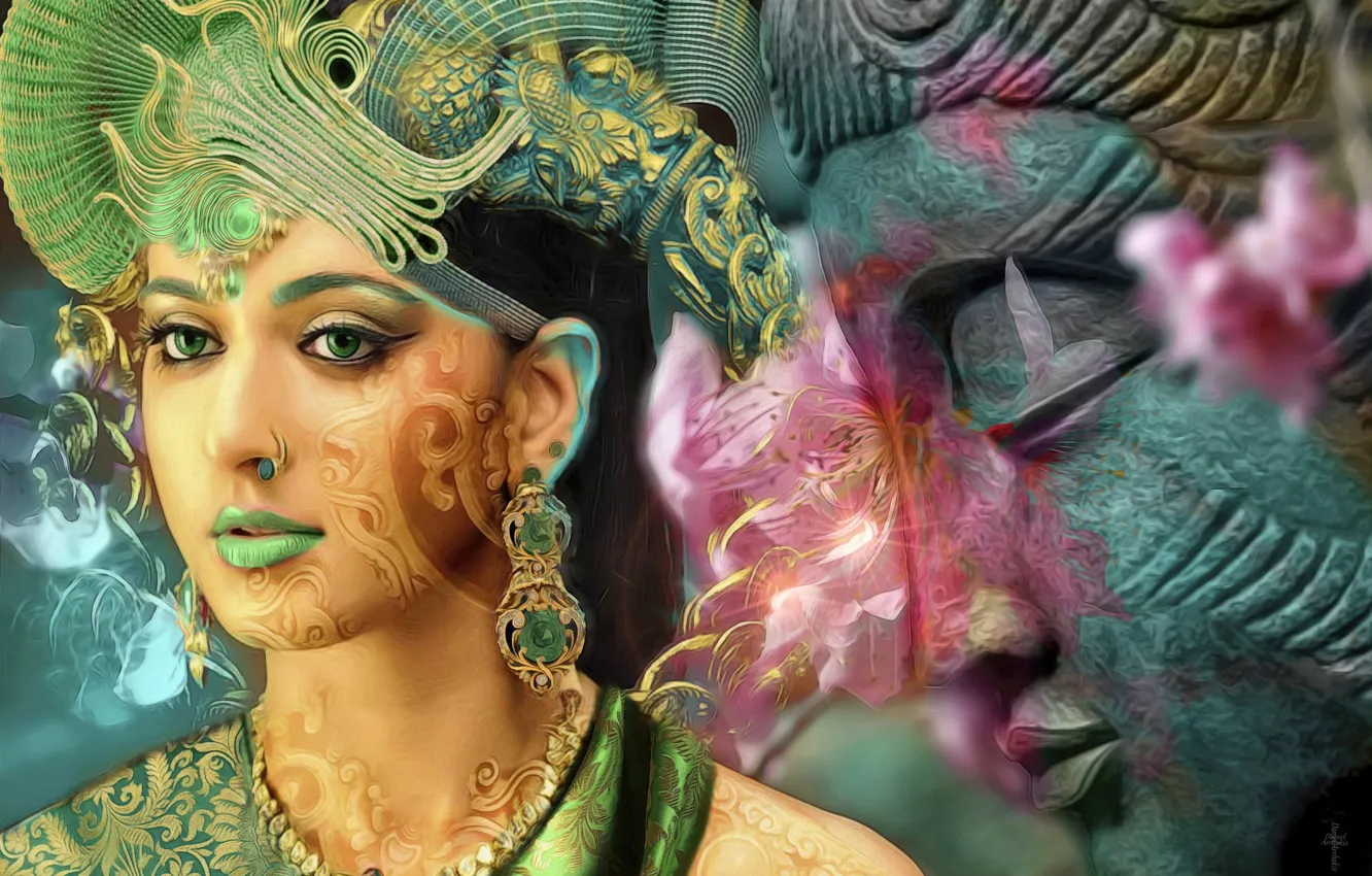 Photo wallpaper girl, collage, statue, Buddha