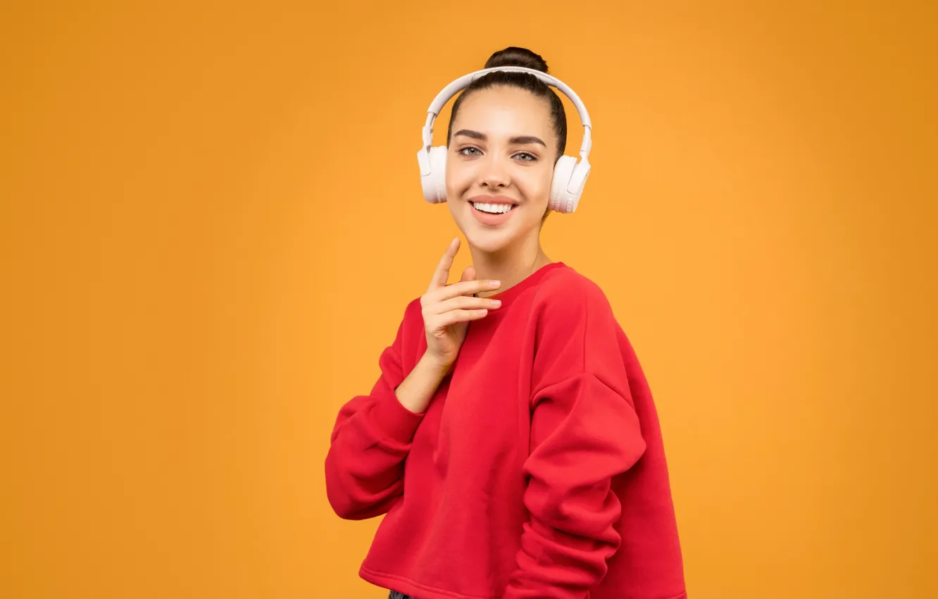Photo wallpaper girl, smile, background, Wallpaper, headphones, wallpaper, girl, orange background