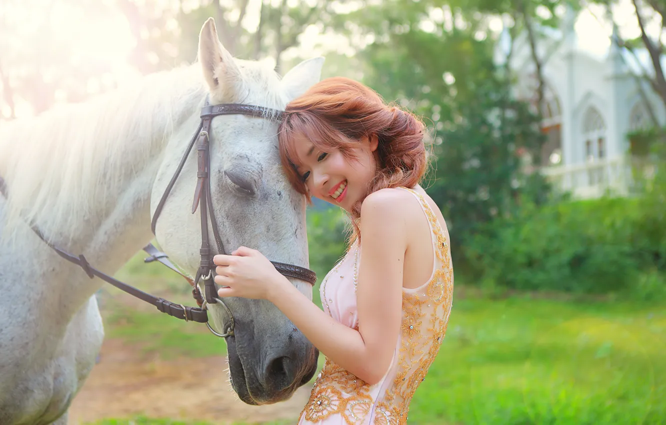 Photo wallpaper summer, girl, face, smile, background, hair, horse