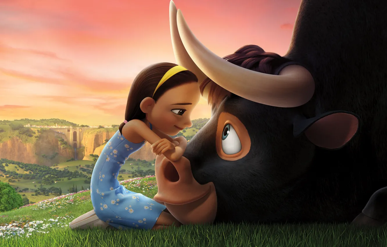 Photo wallpaper girl, bull, friends, animated film, Ferdinand, animated movie