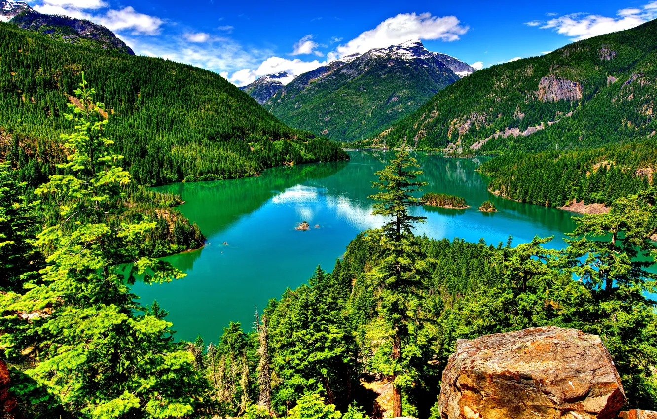 Photo wallpaper forest, the sky, clouds, trees, lake, rocks, Mountains
