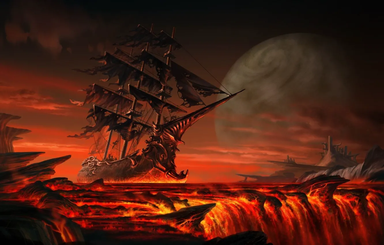 Photo wallpaper stones, ship, planet, lava, sail