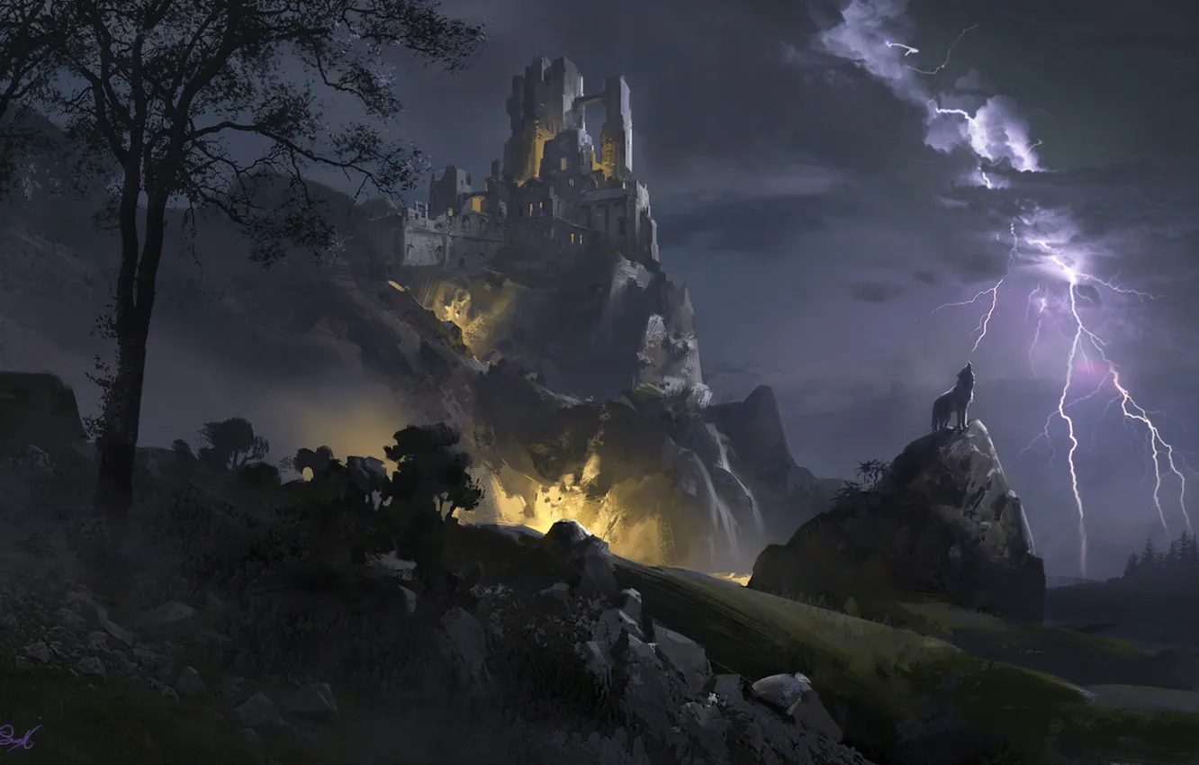 Photo wallpaper mountains, night, clouds, stones, castle, tree, lightning, wolf