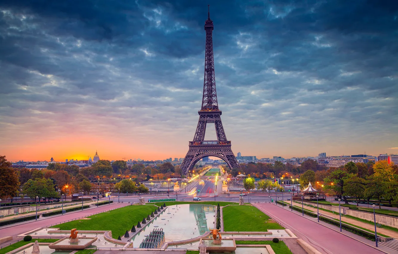 Photo wallpaper dawn, France, Paris, panorama, Eiffel tower