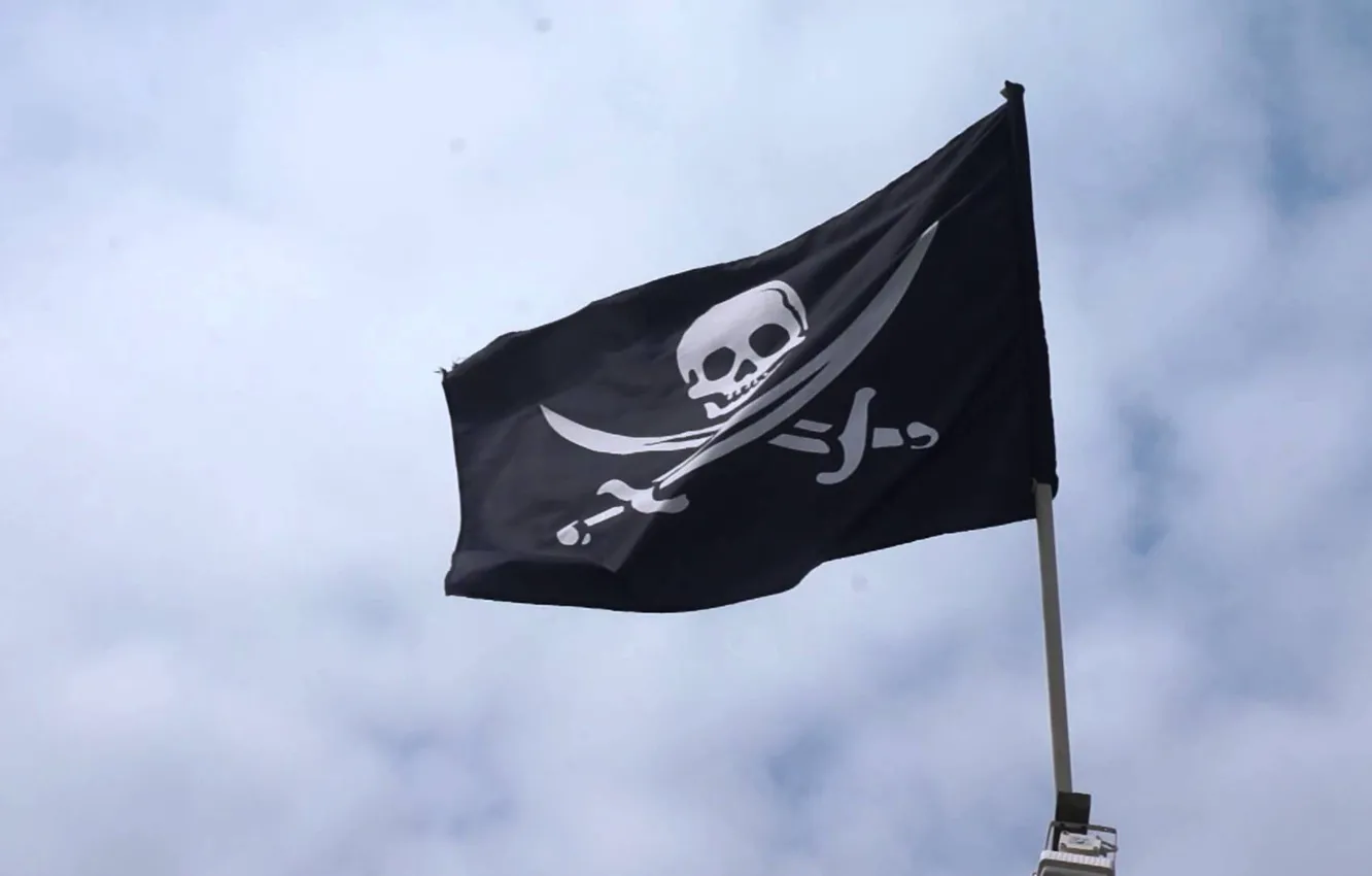 Photo wallpaper the sky, black, skull, flag, pirates, sake, Jolly Roger, black