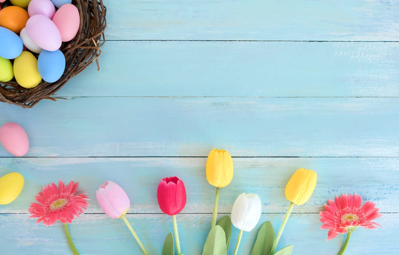 Photo wallpaper flowers, holiday, eggs, spring, Easter, tulips