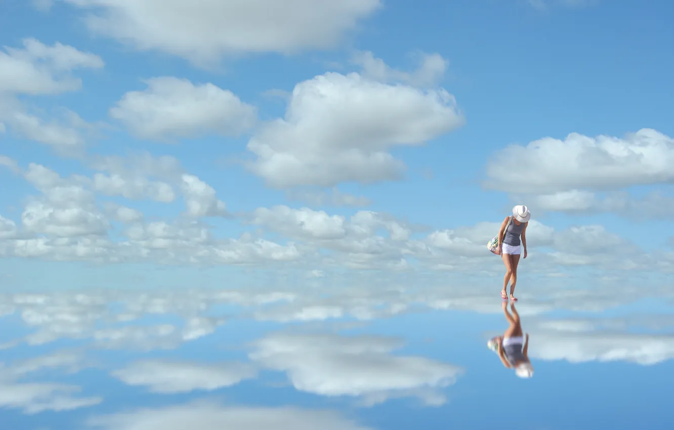 Photo wallpaper the sky, clouds, blue, reflection, woman, mirror, sky, woman