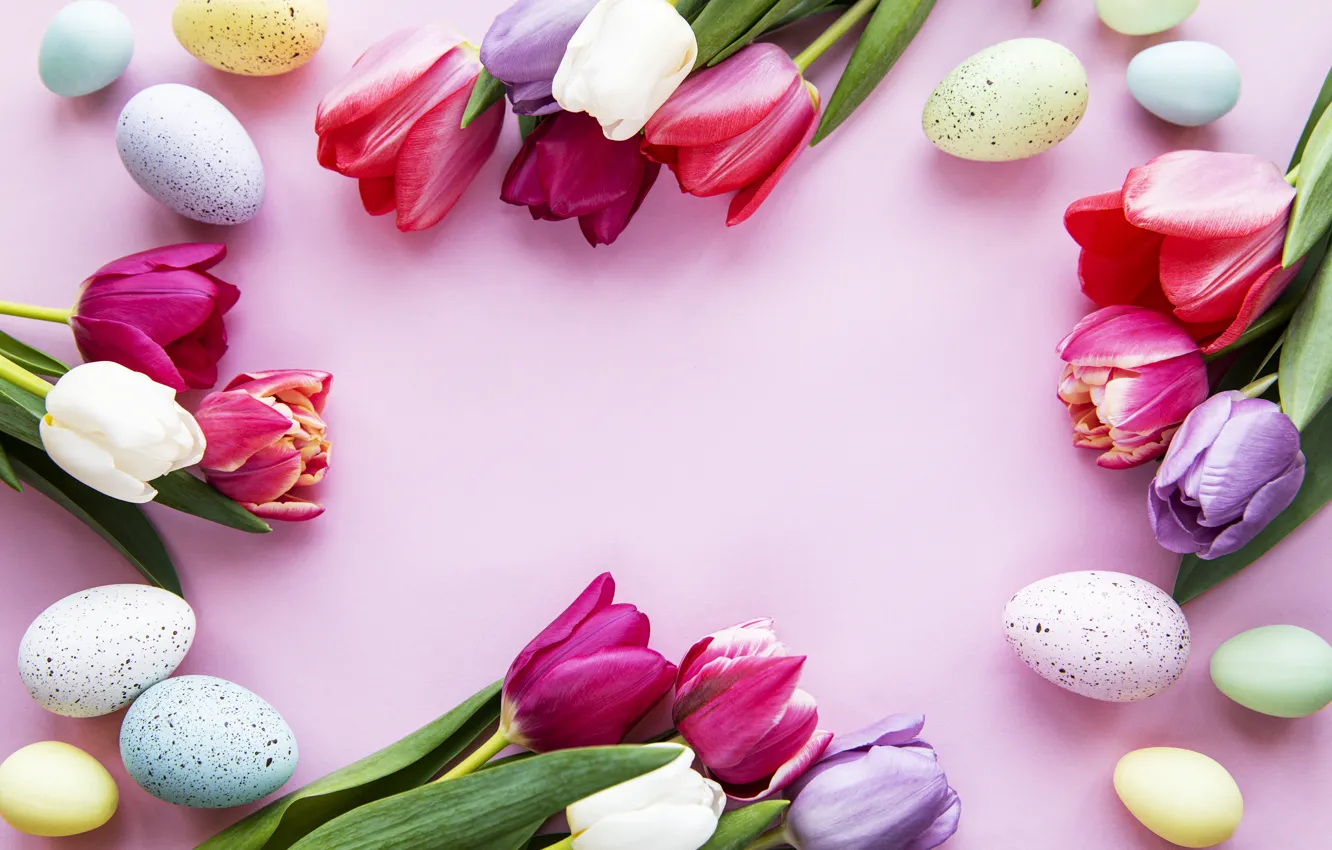 Photo wallpaper flowers, eggs, spring, colorful, Easter, tulips, happy, pink