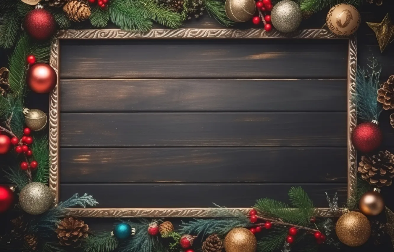 Photo wallpaper decoration, balls, new year, frame, Christmas, golden, Christmas, balls