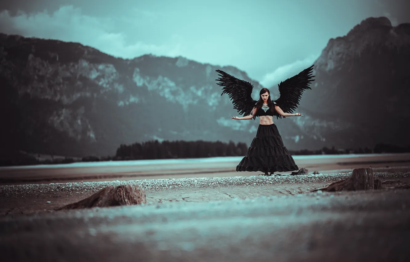 Photo wallpaper black, pose, feathers, wings, mountains, the demon, angel, girl