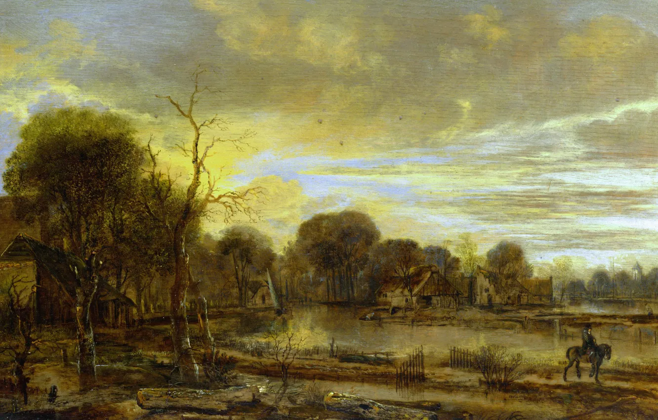 Photo wallpaper landscape, nature, picture, Art van der NEER, Aert van der Neer, River Landscape with Village