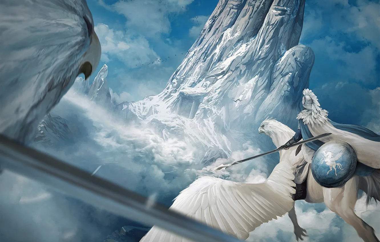Photo wallpaper flight, mountains, art, shield, the guardian, Griffin, Broken World