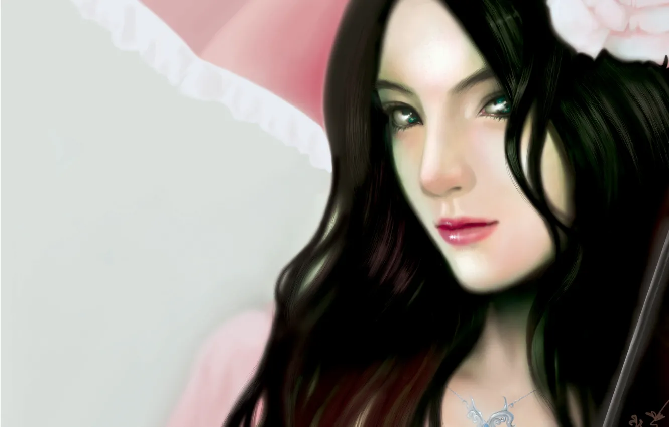 Photo wallpaper eyes, look, girl, decoration, flowers, umbrella, hair, art