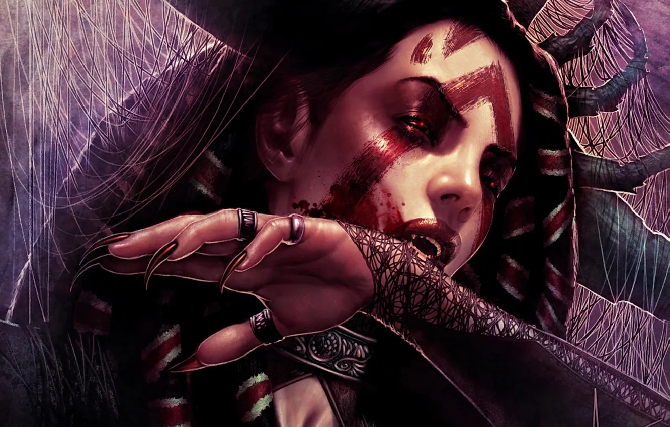 Photo wallpaper girl, blood, web, art, claws, fangs, vampire, Steve Argyle