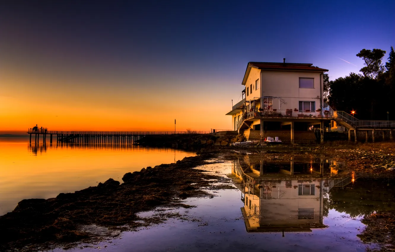 Photo wallpaper sunset, lake, shore, home