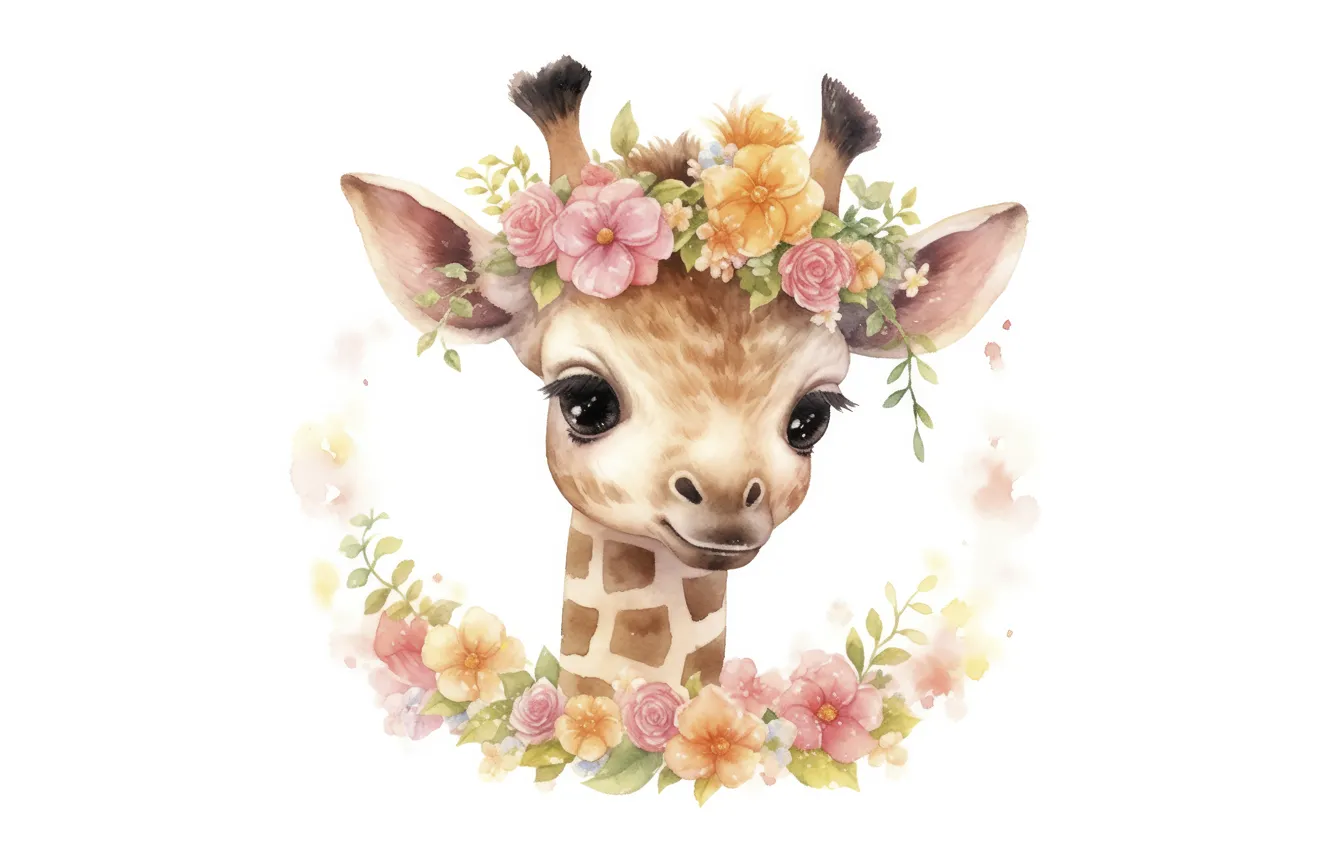Photo wallpaper look, leaves, flowers, portrait, giraffe, watercolor, white background, painting