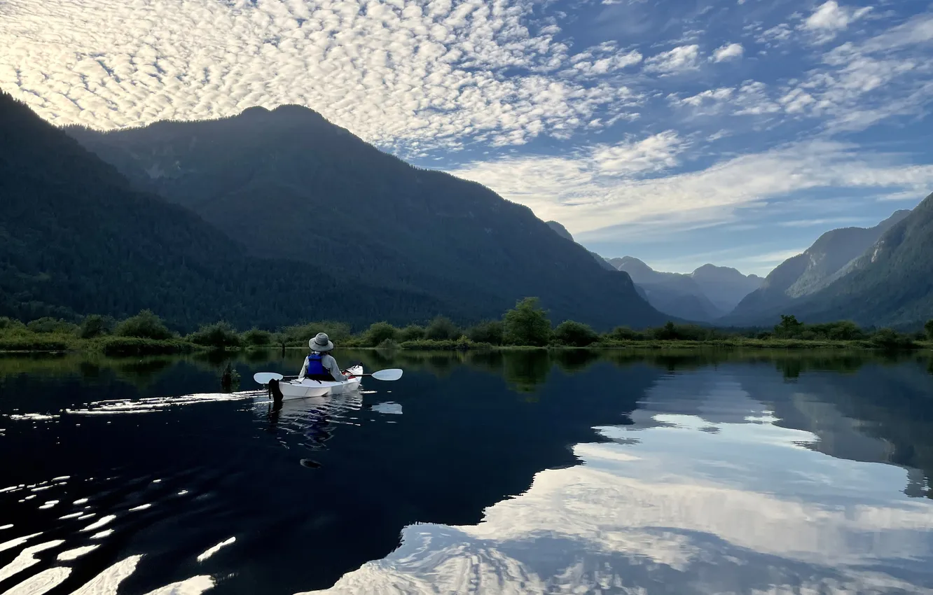 Photo wallpaper girl, mountains, lake, shore, boat, swimming