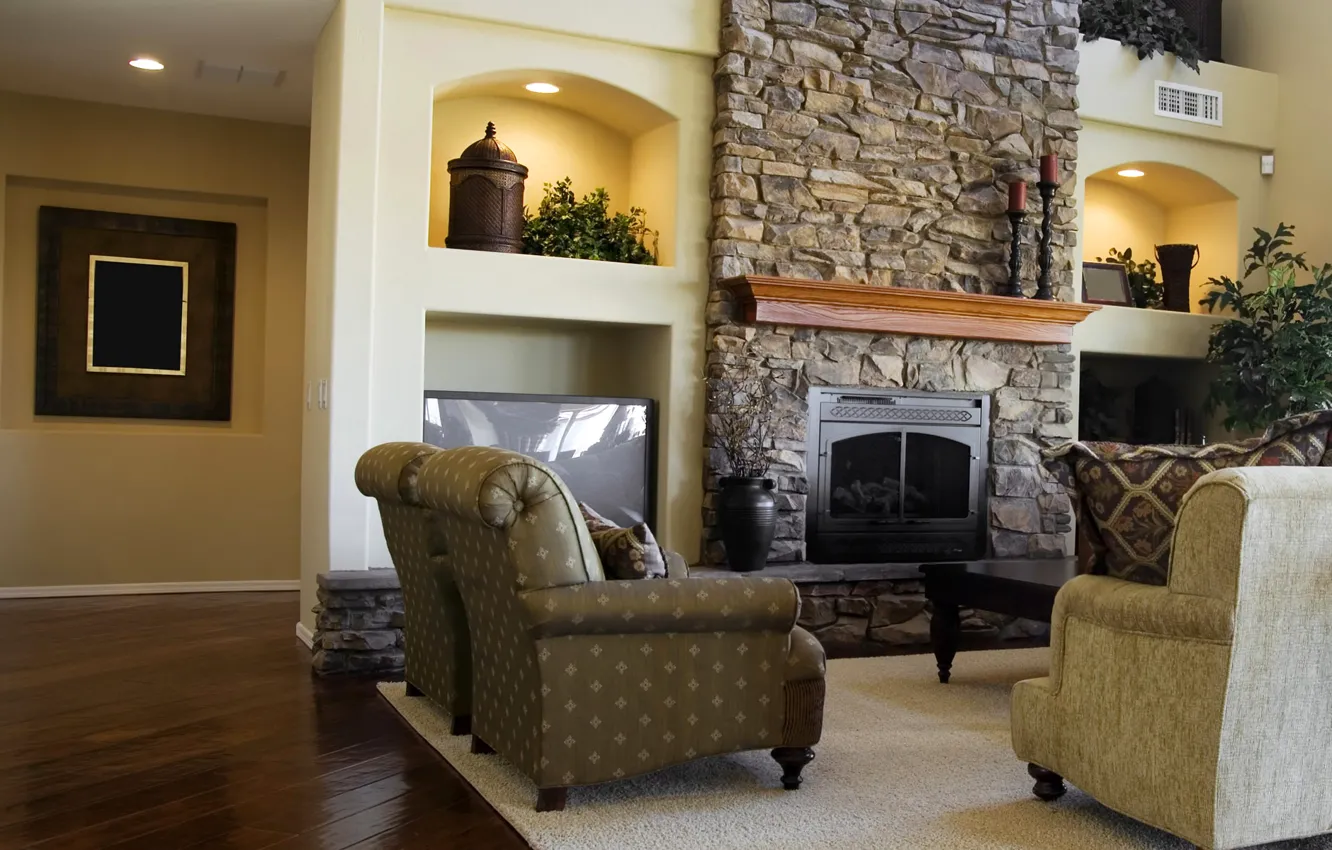 Photo wallpaper sofa, chair, TV, fireplace, living room