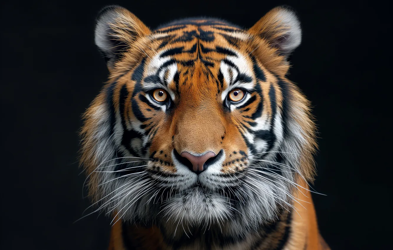 Photo wallpaper look, face, tiger, portrait, black background, AI art, neural network