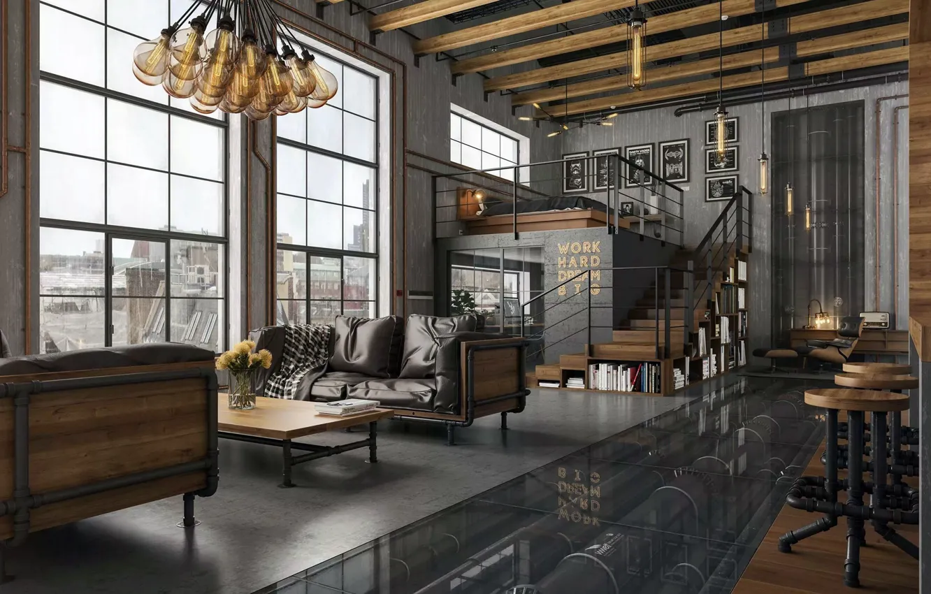 Photo wallpaper design, style, interior, kitchen, megapolis, bedroom, living room, Industrial Loft Apartment