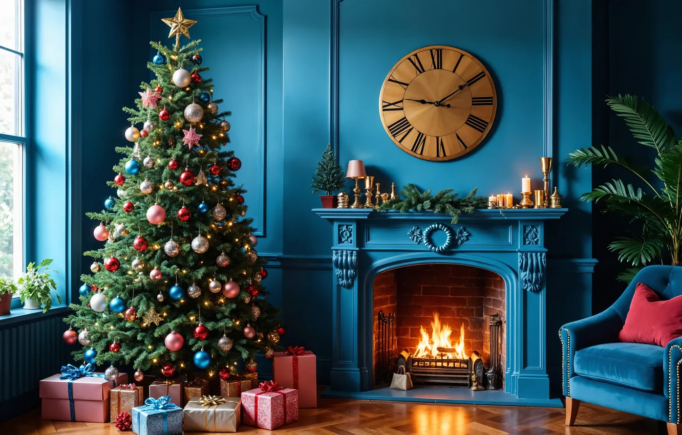 Photo wallpaper room, tree, new year, interior, Christmas, fireplace, Christmas, view