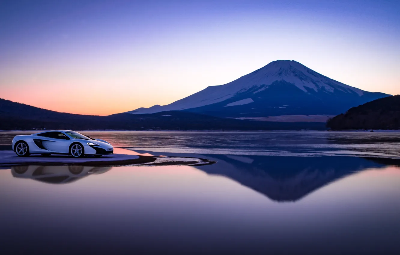 Photo wallpaper sunset, lake, mountain, McLaren, the evening, supercar, 650S
