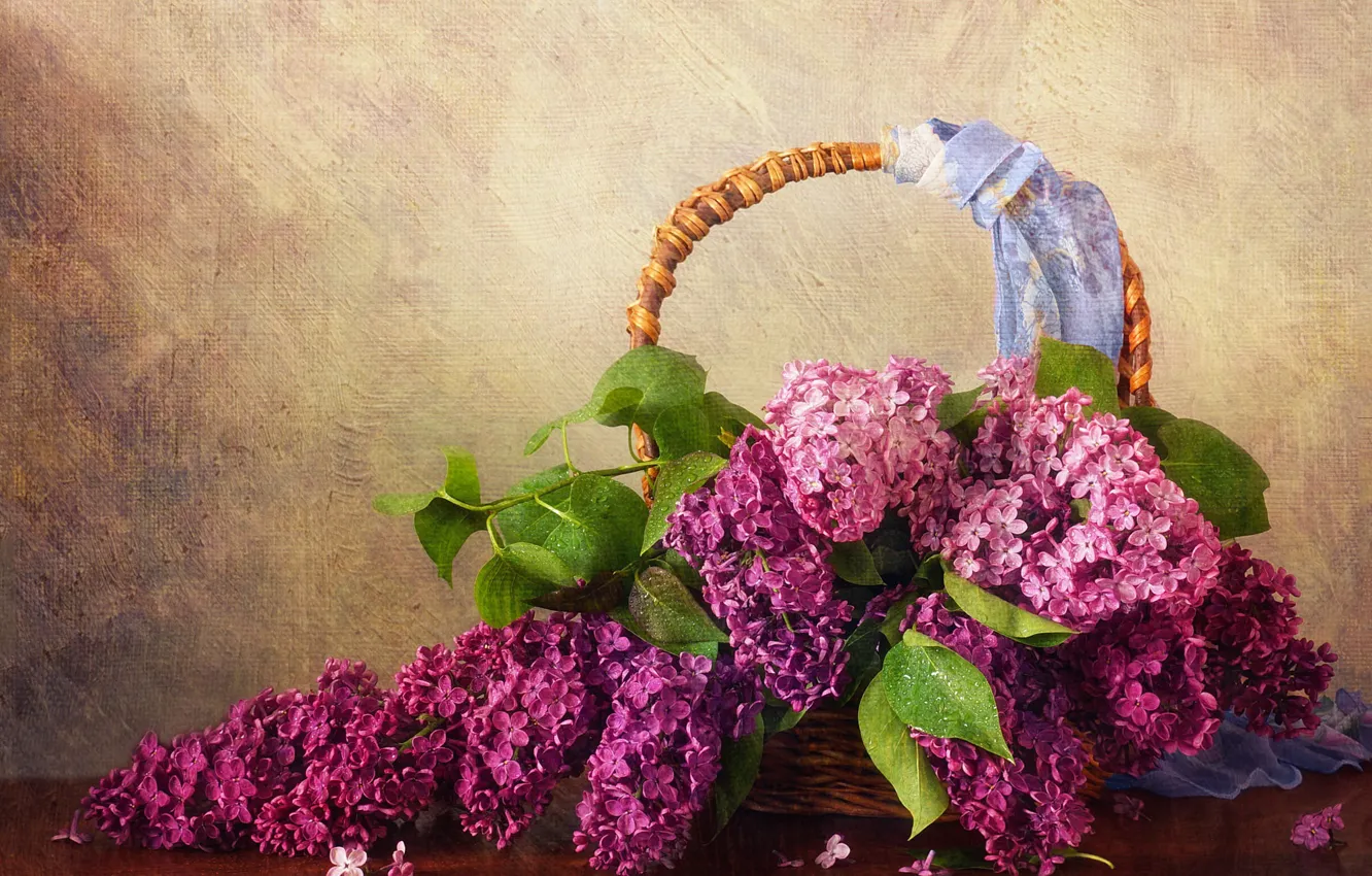 Photo wallpaper flowers, table, bouquet, wall, basket, shawl, leaves, still life