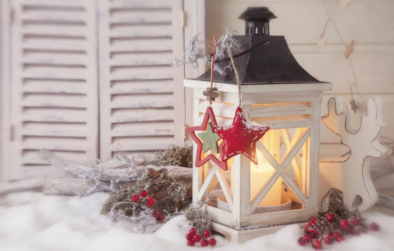 Photo wallpaper stars, snow, cherry, new year, candles, window, lights, star